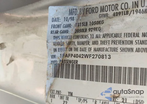 1998 Ford Mustang z USA, uszkodzony, nr VIN 1FAFP4042WF270813